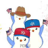 three penguins wearing hats and holding american flags with the word pensiu in the corner