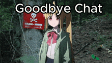 a girl stands in front of a red sign that says goodbye chat