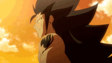 a close up of a fairy tail character with a tattoo on his arm