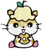 a hamster with a pear on its head is eating a doughnut .
