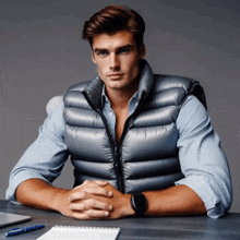 a man wearing a grey vest is sitting at a desk with his arms crossed