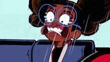a cartoon character with glasses and tears in her eyes