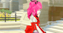 a girl with pink hair is wearing a red dress