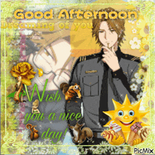 a good afternoon greeting card with a man and squirrels