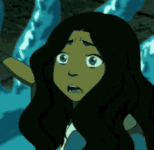 a girl with long black hair is crying with a blue background