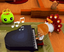 a girl is playing a piano in a video game with music notes coming out of it