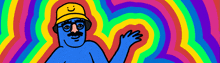 a cartoon drawing of a man wearing a hat with a smiley face on it