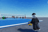 a video game character is holding a volleyball on a volleyball court