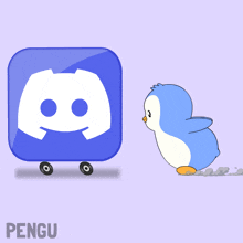 a penguin standing next to a discord logo on a purple background