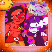 a cartoon drawing of a man and a woman with the words good morning written above them