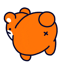 a cartoon drawing of an orange bear with a black cross on its butt