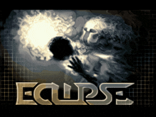 a poster for eclipse with a statue of a man holding a light