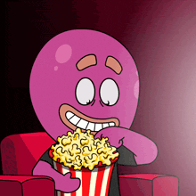a cartoon character is sitting in a chair with a bucket of popcorn