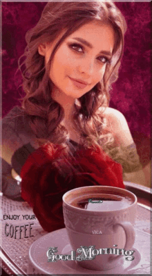 a woman is sitting next to a cup of coffee and a rose with the words good morning