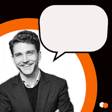 a man in a suit with a speech bubble behind him