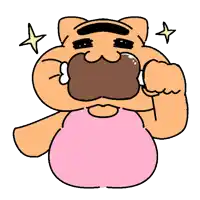 a cartoon cat is eating a piece of meat and has a pink shirt on