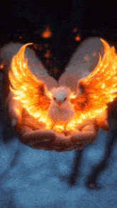 a person is holding a phoenix in their hands with fire coming out of its wings .
