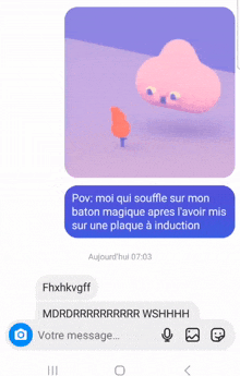 a screenshot of a text message with a pink cloud and a tree