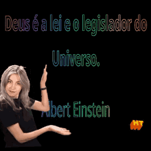 a woman stands in front of a sign that says deus ea lei e o legislador do universo