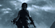 a woman holding two guns in front of a blue sky