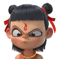 a cartoon character with a red flame on his forehead is making an angry face .