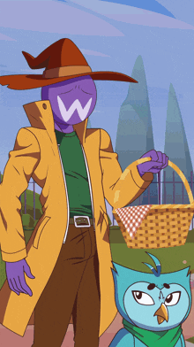 a cartoon drawing of a man and a bird with the letter w on their faces