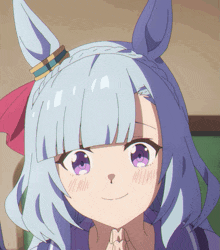 a close up of a cartoon character with purple eyes