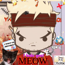 a cartoon of a man with the words i hate you meow
