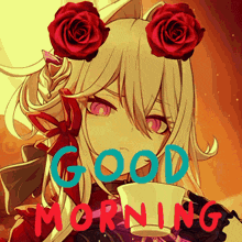 a picture of a girl with roses in her hair and the words good morning written in red