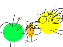 a drawing of a green circle and two yellow circles on a white background