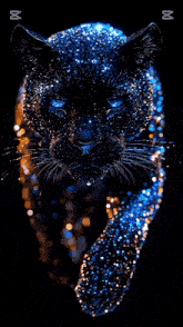 a black panther with blue eyes is surrounded by blue lights and sparkles .