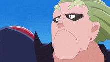 a cartoon drawing of a man with green hair and black eyes