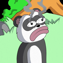 a cartoon drawing of a panda bear with smoke coming out of his eyes
