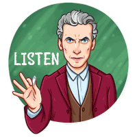 a cartoon drawing of a man with the word listen above him