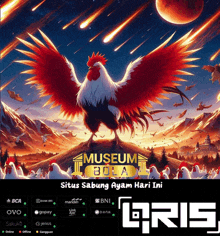 a poster for museum bola shows a rooster with its wings outstretched