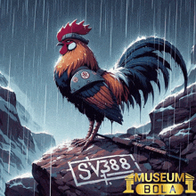 an illustration of a rooster standing on a rock with the letters sv388 on the bottom