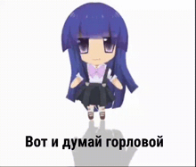 a cartoon girl with blue hair is standing in front of a white background with the words bot i думай горловой on it