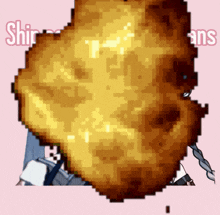 a pixel art drawing of a fried food item with the word ship behind it