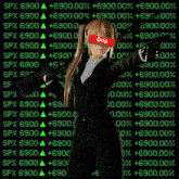 a woman in a suit has a drip sticker on her eye