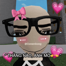 a cartoon character with glasses and a pink bow on his head is surrounded by pink hearts and says conambong