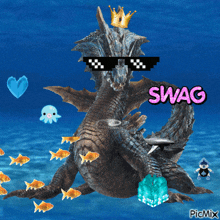 a picture of a dragon wearing sunglasses and a crown with the word swag on it