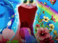 a colorful painting of flowers and a dolphin with a rainbow in the background