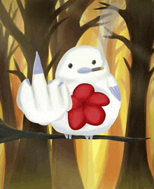 a white bird with a red flower on its chest is sitting on a branch giving the middle finger