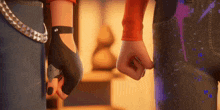 a man and a woman holding hands in front of a painting