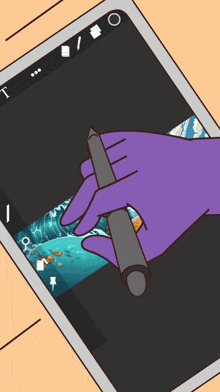 a cartoon drawing of a hand holding a pen over a picture