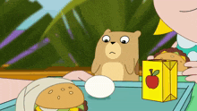 a cartoon of a bear holding an egg next to a sandwich and a box of apple juice