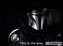 a man in a helmet holding a gun with a green x and the words this is the way