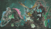 a painting of a group of monsters with foreign writing