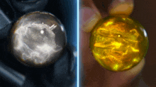 a black and white image of a sphere and a yellow sphere in someone 's hand