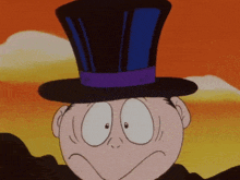 a cartoon character wearing a top hat with a purple ribbon
